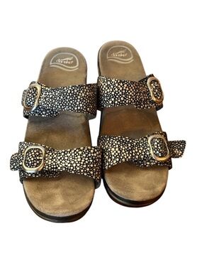 Dansko Patterned Sophie Double Strap Buckle Slide Sandals - Black/White Size 9